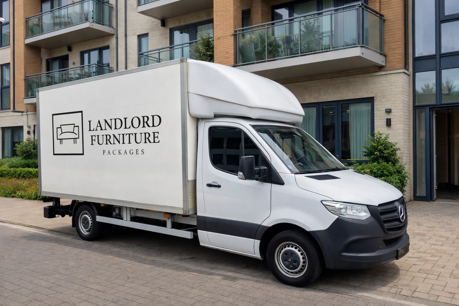 Landlord furniture delivery van outside apartments